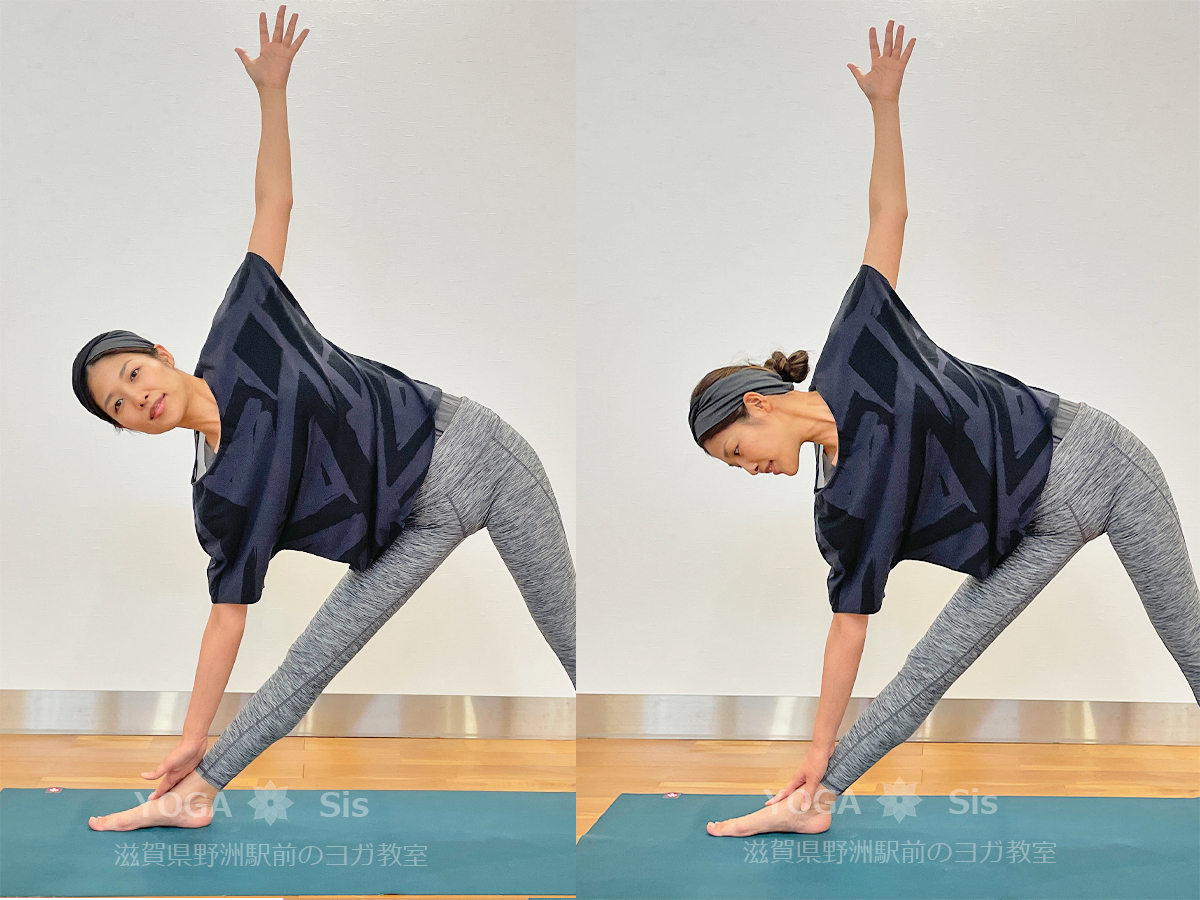 三角のポーズお顔は楽な方へ